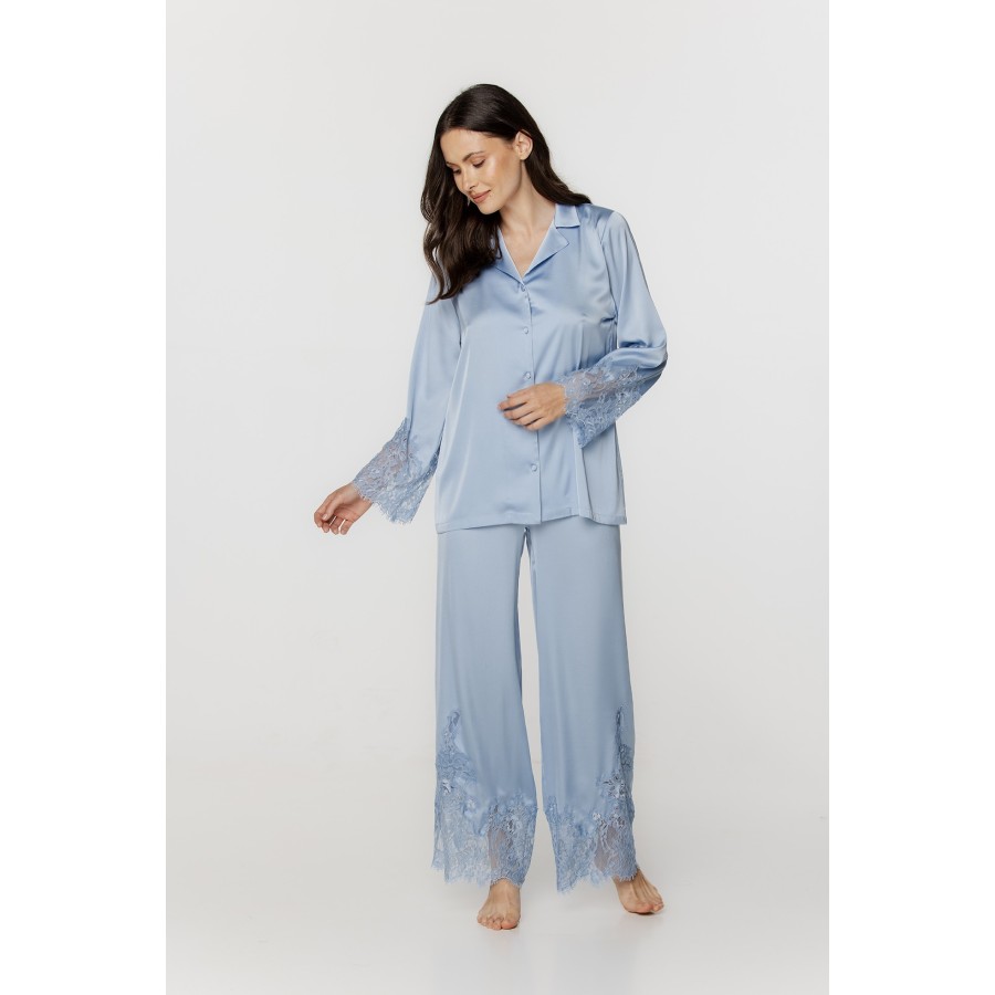 Pijama set mujer satén azul amplio vista frontal